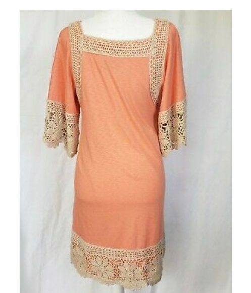 Anthropologie In Peach Crochet Sleeve Shift Dress - Picture 6 of 7